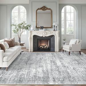 Soalmost 9x12 Area Rugs for Living Room, Non Slip Machine Washable Vintage Rugs, Low Pile Lightweight Large Rug for Bedroom, Dining Room, Home Office Grey