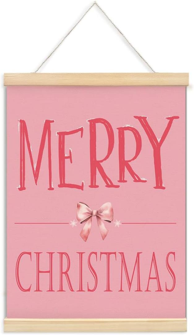 ShowDraven Pink Christmas Wall Art Decor Hanger Frame, Pink Christmas Decorations Wall Decor Outdoor Indoor for Kitchen Bedroom Bathroom Office, 12x16 Inch (merry christmas bow)