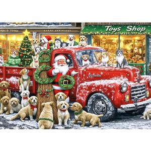 Christmas Puzzle Jigsaw Puzzles for Adults 1000 Pieces Red Truck and Dog, Santa Claus Toy Shop with Letters on Back No Dust for Holiday Party Family Fun Decor, Finished Size 27.5" x 19.7"