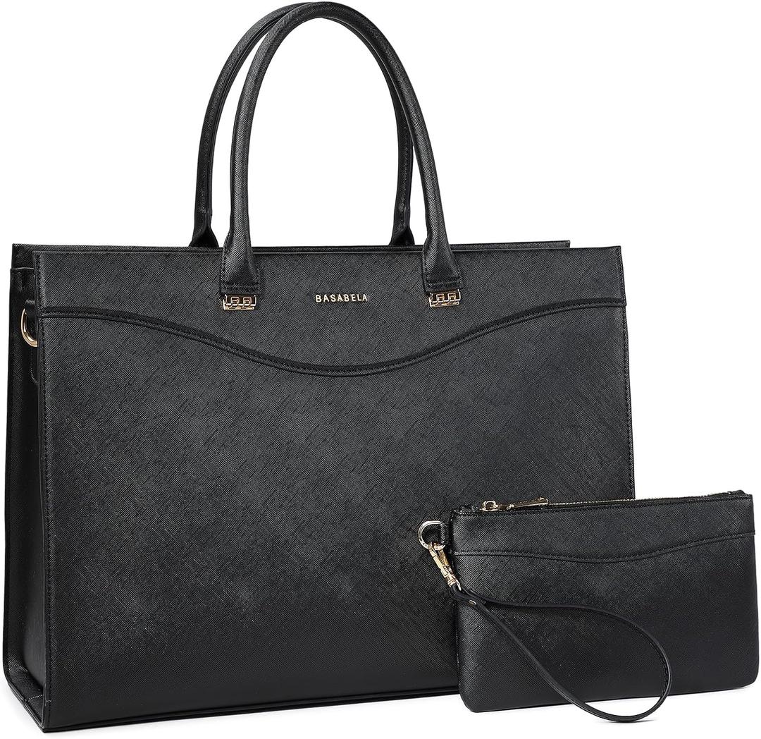 Handmade Luxury Vegan Leather Briefcase Handbags for Women, Large 16 inch Laptop Purse Waterproof Bags for Ladies (Black)