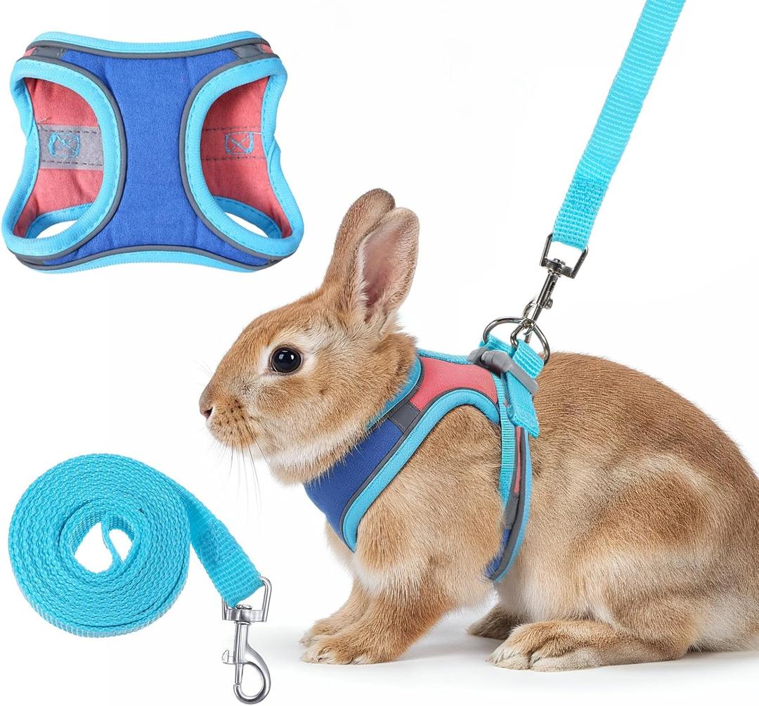 Adjustable Bunny Harness and Leash Set, Double Buckles Breathable Mesh Rabbit Vest with Reflective Strips, Escape Proof Small Pet Walking Training Gear for Rabbits, Kittens, Ferrets, Guinea Pigs (M) (Blue-Pink)