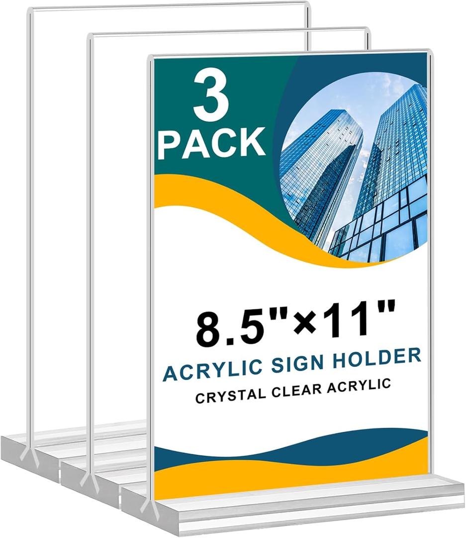 8.5x11 Acrylic Sign Holder 3 Pack Vertical Clear Table Menu Signs Holder