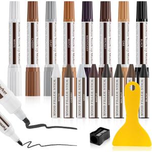 DEWEL Dual-Tipped Furniture Markers Touch Up, Upgrade 17 Pcs Wood Furniture Repair Kit, Wood Touch Up Markers and Wax Sticks with Repair Tools, Easily Repair Wood Floor Scratches, Wood Stain and Dents