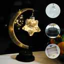 Gold Moon Table Night Light with Hanging Star Ramadan Decorative Lamp Battery Operated for Home Bedroom Shop Dining Holiday Party Eid Festival Decoration