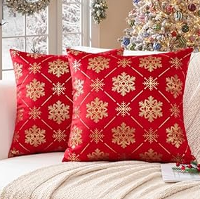 Ohok Set of 2 Christmas Velvet Pillow Covers Hot Foil Stamping Pattern Throw Pillow Covers for Farmhouse Home Decor Sofa Couch Bed Bedroom Living Room (Gold Elk Beige, 16x16-Inch)