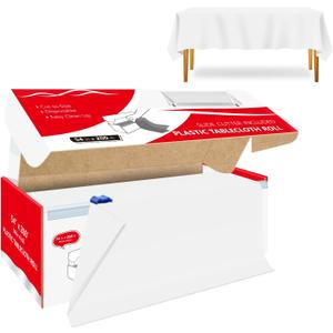 54 Inch x 200 Feet White Plastic Tablecloth Roll Cut to Size Disposable Table Cover with Cutter Box Plastic Table Cloth for Party, Wedding, Birthday