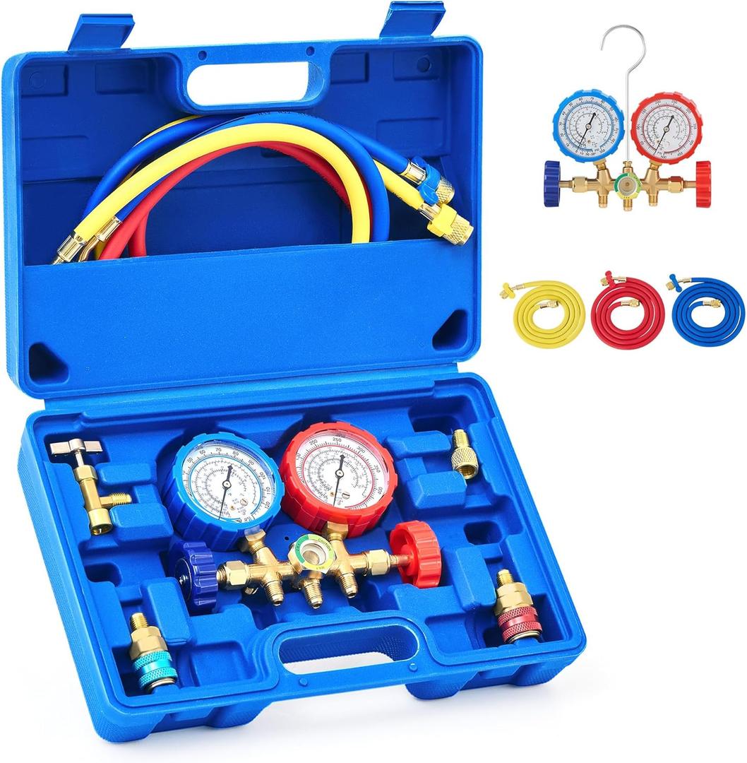 Orion Motor Tech 3 Way AC Diagnostic Manifold Gauge Set for Freon Charging, Fits R134A R12 R22 and R502 Refrigerants, with 3FT Hose, Tank Adapters, Quick Couplers and Can Tap