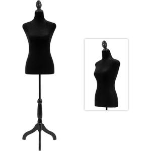Mannequin Body Dress Form Torso 49.6-63.4 Inch Height Adjustable Female Model Wooden Tripod Stand High Density Foam Portable Display Showcase (Black)
