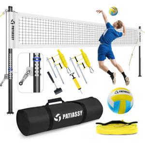 Portable Volleyball Net for Backyard: Patiassy Heavy Duty Professional Outdoor Set with Adjustable Aluminum Poles Winch System Steel Stakes Anti-Sag Design Pump and 1680D Carry Bag for Beach Grass