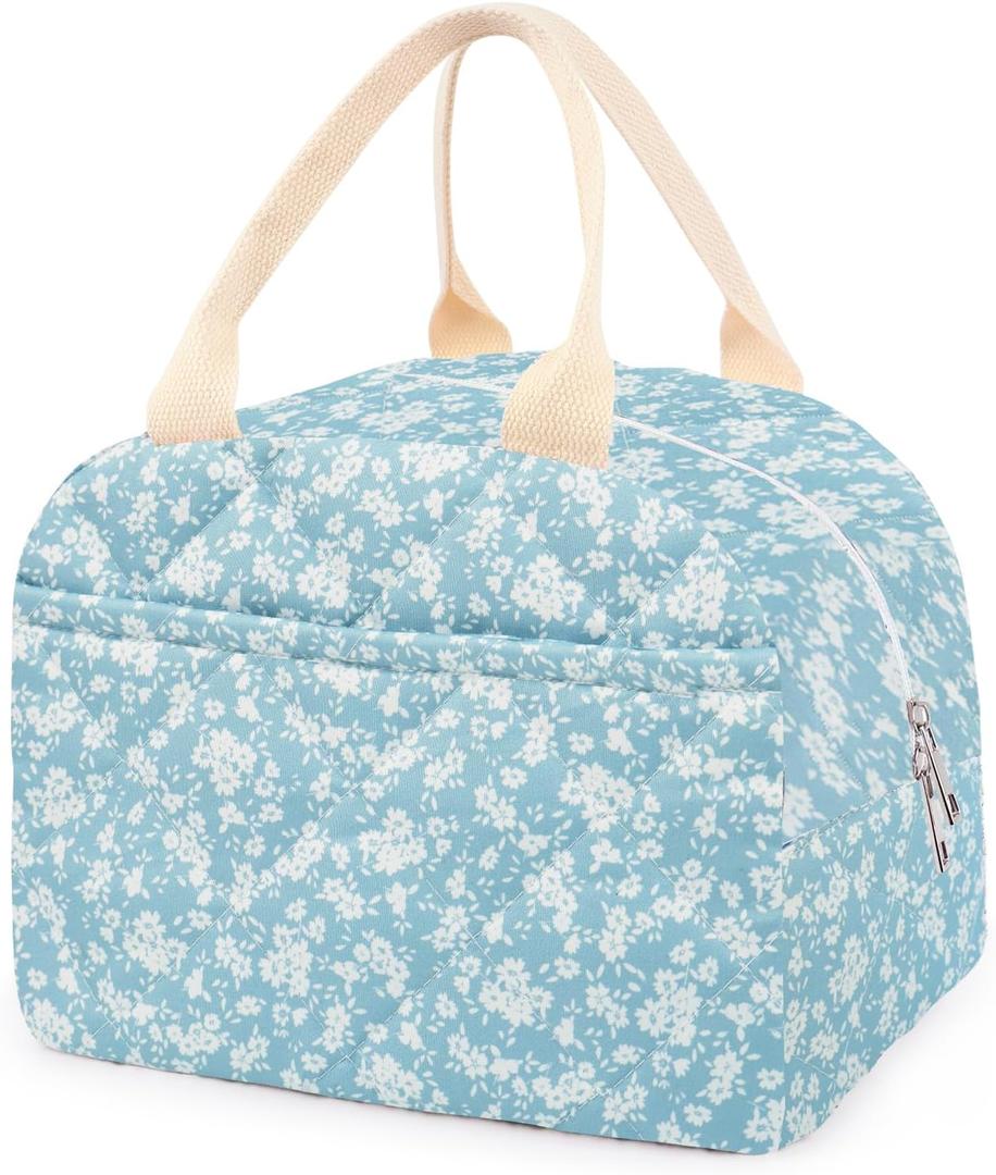 Cotton Quilted Insulated Lunch Bag, Cute Quilted Floral Lunch Tote Bags Reusable Insulated Lunch Box Coquette Aesthetic Large Capacity Insulated Cooler for Women Work Travel Picnic (Light Blue)