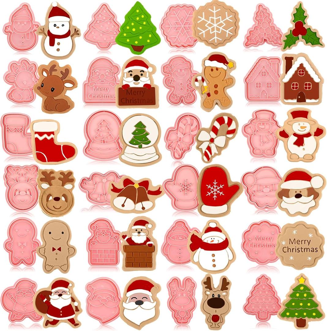 Roshtia 24 Pieces Christmas Cookie Cutters Stamps Mini Embossing 3D Plastic Cookie Stamps Snowman Santa Christmas Tree Reindeer Baking Mold for Xmas Winter Birthday Party Supplies