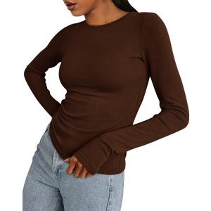 BTFBM Womens Tops 2025 Fall Outfits Long Sleeve Shirts Crewneck Work Blouses Stretchy Slim Fit Going Out Top Workout (Small, Coffee)
