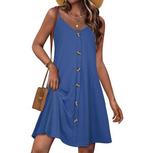 JOELLYUS Summer Dresses for Women Spaghetti Strap Button Down Casual Sundress Beach Cover Up Dress with Pockets 2026 (Blue, XXL)