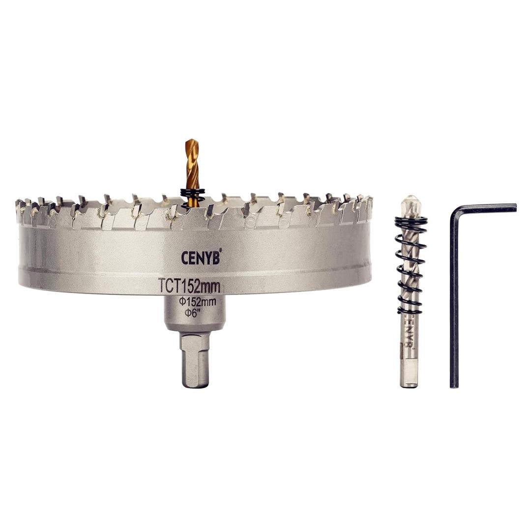 CENYB 6" (152mm) Tungsten Carbide Tipped Hole Saw with 2Pcs Titanium-Plated Pilot Drill Bits for Hard Metal,Stainless Steel,Iron,Aluminum Alloy,Wood and Plastic
