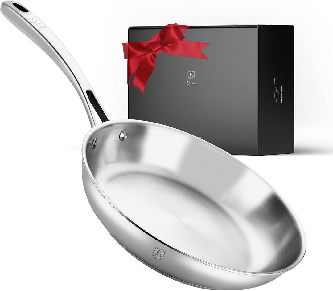12-Inch Stainless Steel Frying Pan, 5-Ply Clad Base (3+2 Design) | Signature 3+2 layer base, uncoated 316 stainless steel, family-size searing, even heating, induction and oven compatible