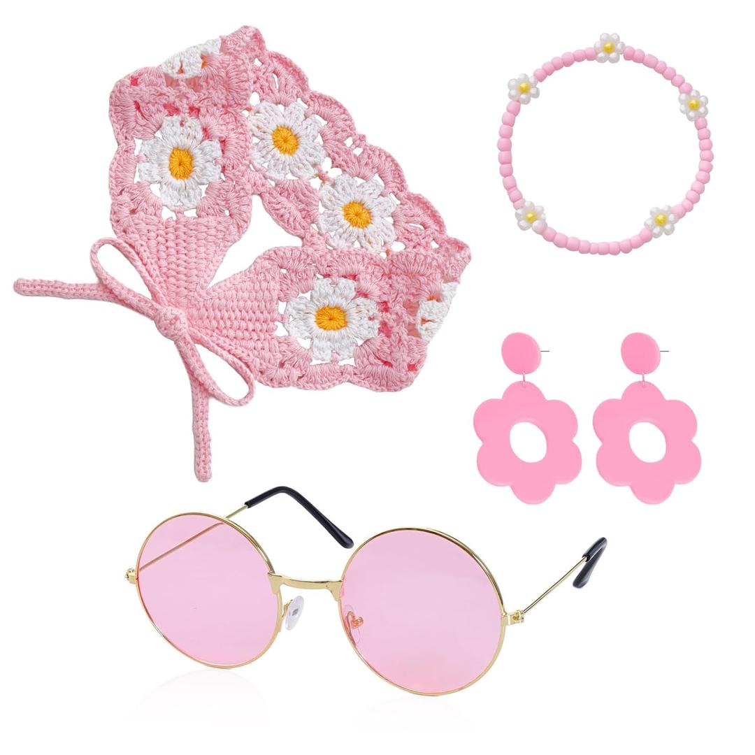 Fumwase 4PCS 60s 70s Hippie Accessories for Women Flower Knit Headband Earrings Sunglasses Bracelets for Halloween Party Costume (Pink)