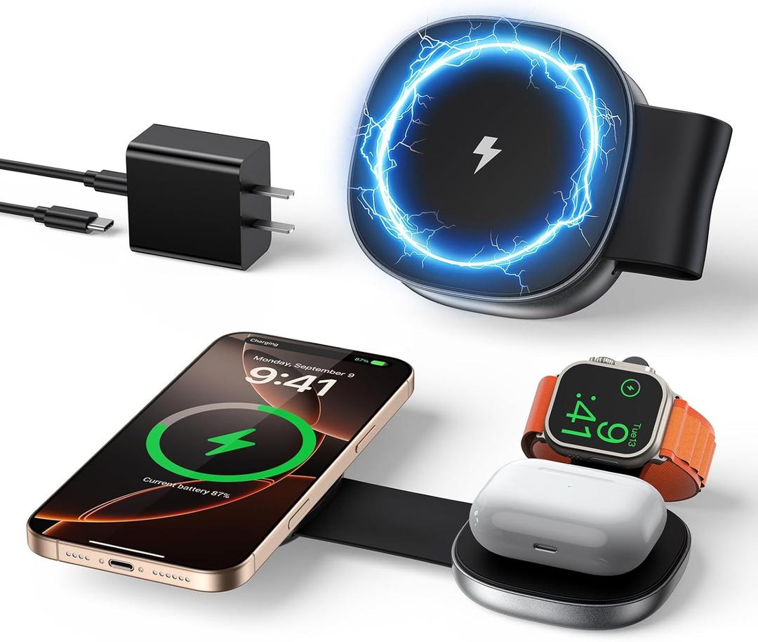 3 in 1 Charging Station for iPhone 16/15/14/13/12 Series, Foldable Travel Charger for Multiple Devices for AirPods 4/3/2/Pro, Wireless Charger Magnetic Charging for Apple Watch 10 9 8 7 6 5 4 3 Ultra (Square)