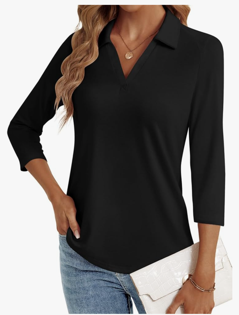 3/4 Length Sleeve Womens Tops Dressy Casual V Neck Polo Shirts Business Work Blouses 2025 Trendy Tunic Top,XL