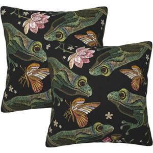 Vintage Frogs Lotus Flowers and Butterfly Throw Pillow Cover Set of 2 Decorative Square Pillowcase Throw Cushion Case for Bedroom, Living Room, Sofa, Couch and Bed, 18 x 18 Inches