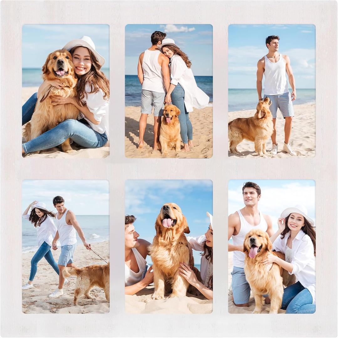 YESKAY 4x6 Picture Frame Collage,4 x 6 Multiple Photo Collage with Tempered Glass,6 Opening 4 by 6 Rustic White Family Picture Frames for Wall Decor 1 Pack(OD:13X13in)