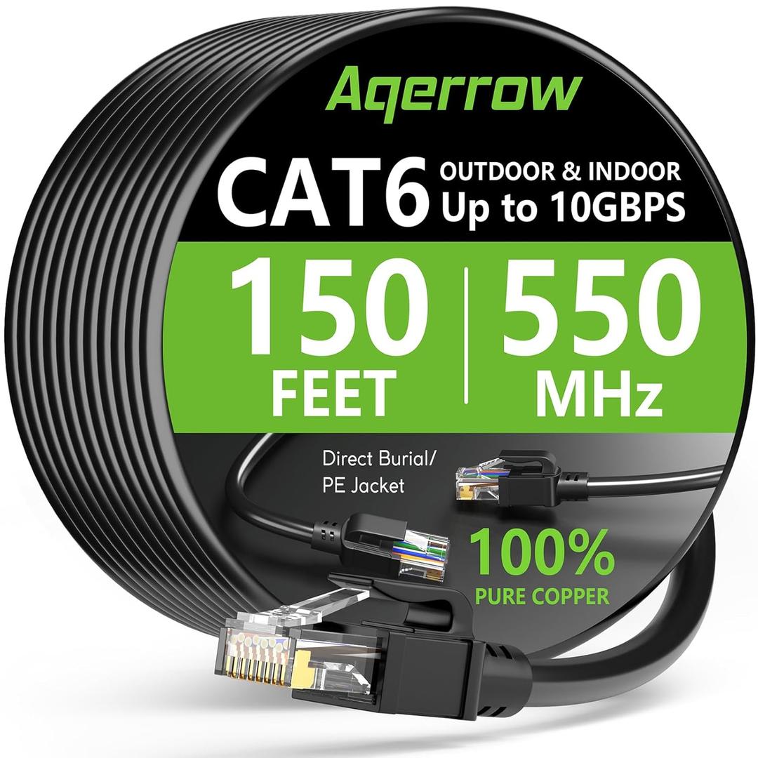 Aqerrow Cat6 Ethernet Cable 150FT, Outdoor Direct Burial Cat 6 Cable 24AWG High Speed Up to 10Gbps, 550MHz LLDPE (PE) UV-Resistant Waterproof RJ45 Network Internet Cable with 60 Ties for Router, Black