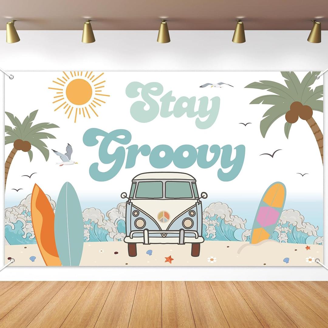 Summer Beach Party Banner Surfing Party Backdrop Decoration Hippie Groovy Photo Booth Prop Supplies for Summer Themed Beach Birthday Party 60's Retro Surfs Up Baby Shower Favors