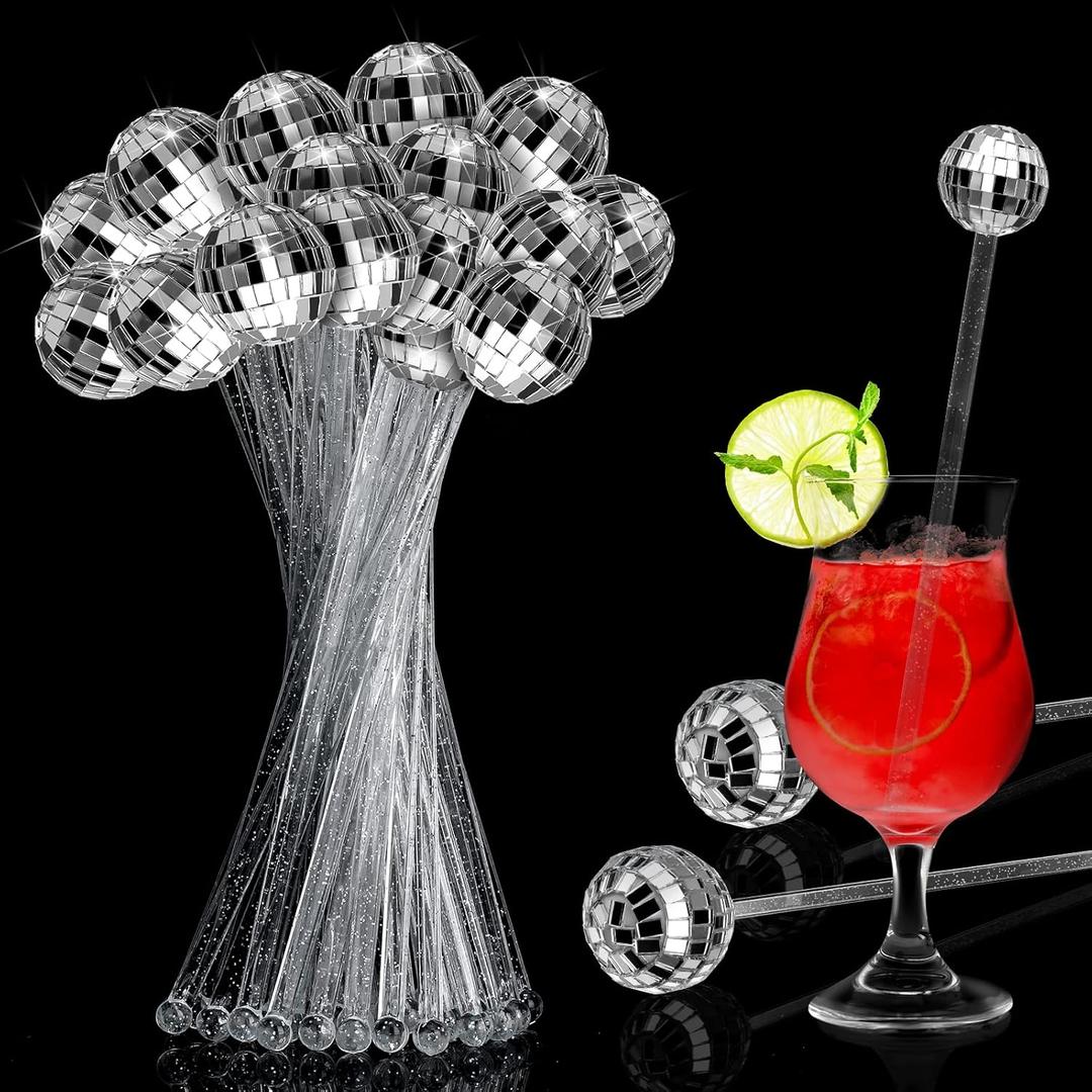Sawysine 24 Pcs Disco Party Decorations Disco Ball Cocktail Stirrers 8 Inch Silver Mirror Ball Stir Sticks Beverage Coffee Drink Stirrer for 70s 80s Bachelorette Wedding Birthday Party(Silver)