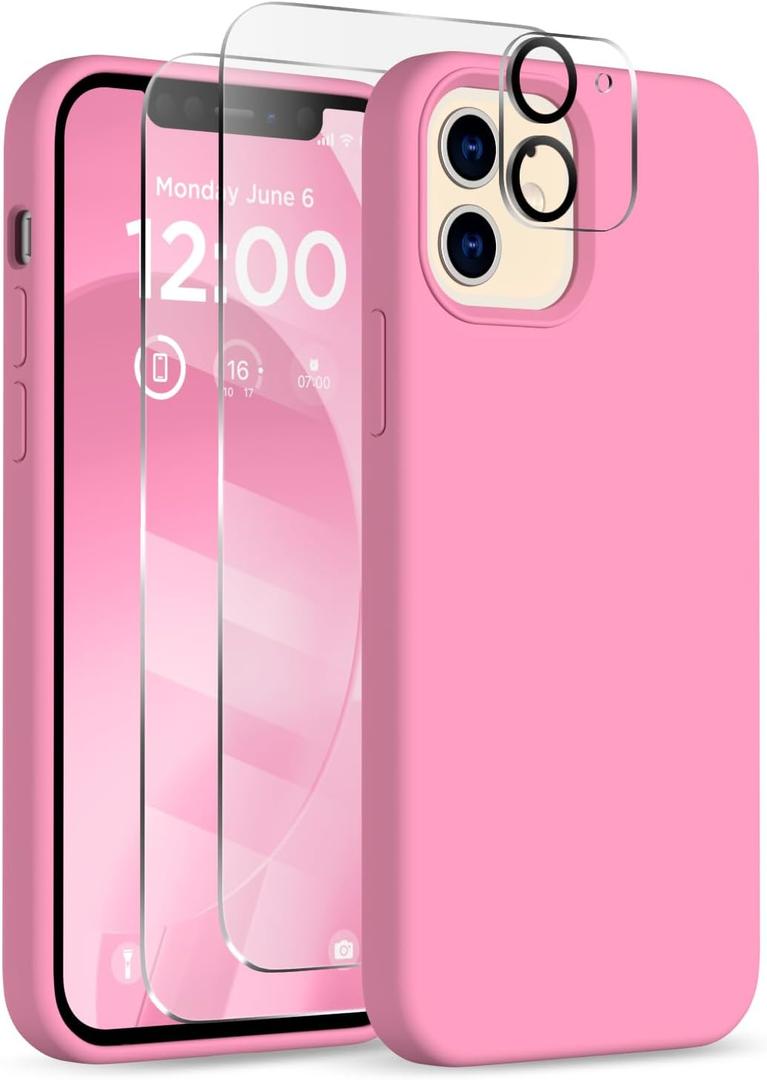 for iPhone 12 Case and iPhone 12 Pro Case, [Camera Lens Protector + Screen Protector], Soft Microfiber Lining Silicone Shockproof Protective Slim Thin Phone Cover 6.1 inch, Tender Pink