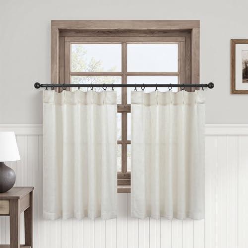 Pinch Pleated Cream Linen Kitchen Curtain 24 Inch Length 2 Panel Set Modern Neutral Short Cafe Curtains with Hooks Light Filtering Semi Sheer Small Window Treatment Tiers for Basement 30x24 2 FT Ivory