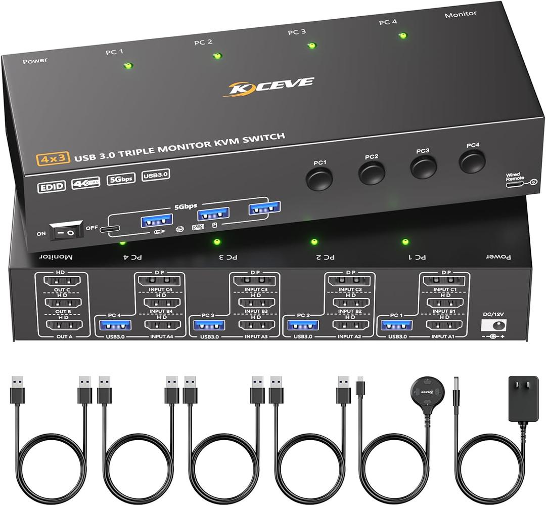 KVM Switch 3 Monitors 4 Computers 4K@60Hz,EDID Simulation,HDMI Displayport Triple Monitor KVM Switch,3 Monitor KVM with 4 USB 3.0 Ports for Keyboard Mouse, Wired Remote and 4 USB3.0 Cables Included