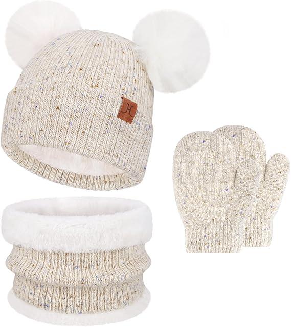 Toddler Infants Kids Winter Hats Scarfs Set Pompom Beanie Caps Mittens Neck Warmer with Fleece for 0 6 12 18 Months 1 2 3 4 Years Old Baby Girls Boys Gifts