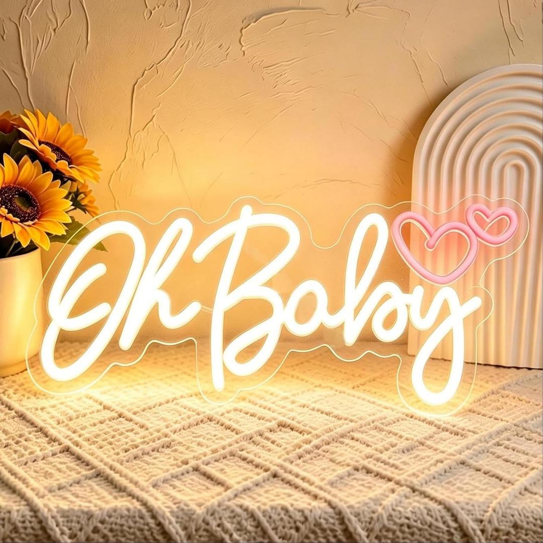 Oh Baby LED Neon Sign with Heart, USB Powered Dimmable Decorative Neon Light for Home Bedroom Living Room Baby Shower Party Gift Wall Table Decor 16.9 x 8.3 In, 5 inches x 10 inches