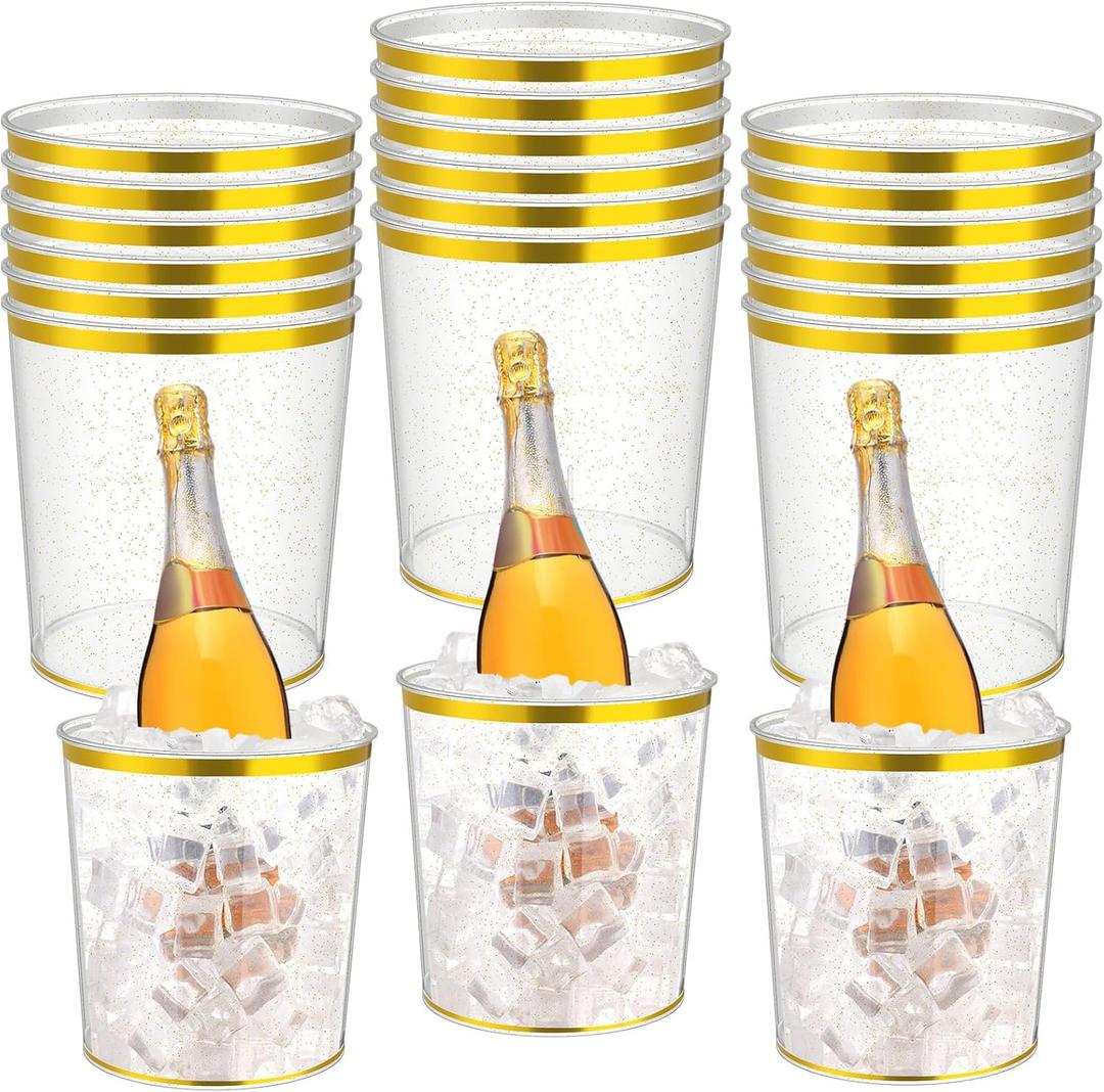 Ice Buckets Bulk, 6 Liter Plastic Round Ice Buckets, Disposable Storage Drink Tub or Party Bar Wine Beer Champagne Beverage Bottle Cooler(Clear,Gold Rim and Glitter,18 Pcs)