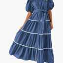 PRETTYGARDEN Women's Summer Button Down Shirt Dress Short Puffy Sleeve Tiered Ruffle Flowy Long Maxi Dresses, M Dark Blue