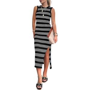 PRETTYGARDEN Summer Dresses for Women 2026 Casual Sleeveless Hollow Out Knit Side Slit Striped Beach Vacation Midi Dress (Black,XXX-Large)