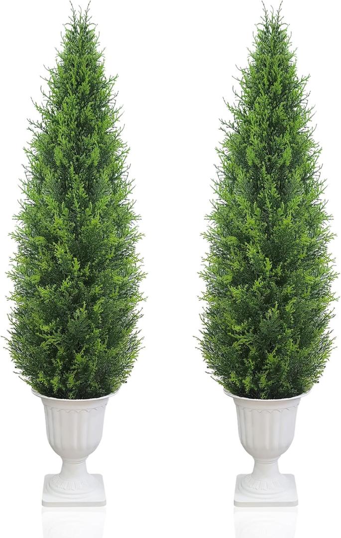 Realistic Artificial Cedar Tree with Planter Set of 2,Faux Topiary Cypress Plant for Home,Office,Living Room,Porch Indoor Outdoor Decor,No Maintenance Fake Evergreen Shrub (4.5FT White)