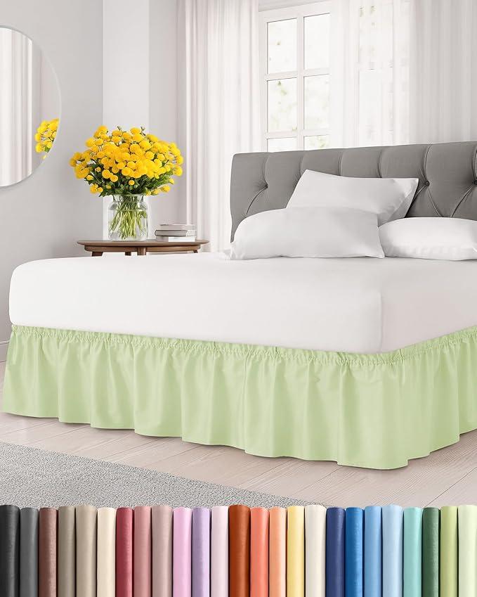Wrap Around Dust Ruffle Bed Skirt - Light Sage Green - for Queen Size Beds w/ 21" Drop - Easy Fit Elastic Strap - Adjustable Pleated Bedskirt w/Brushed Fabric, Wrinkle Free - Women, Men, Kids & Teens