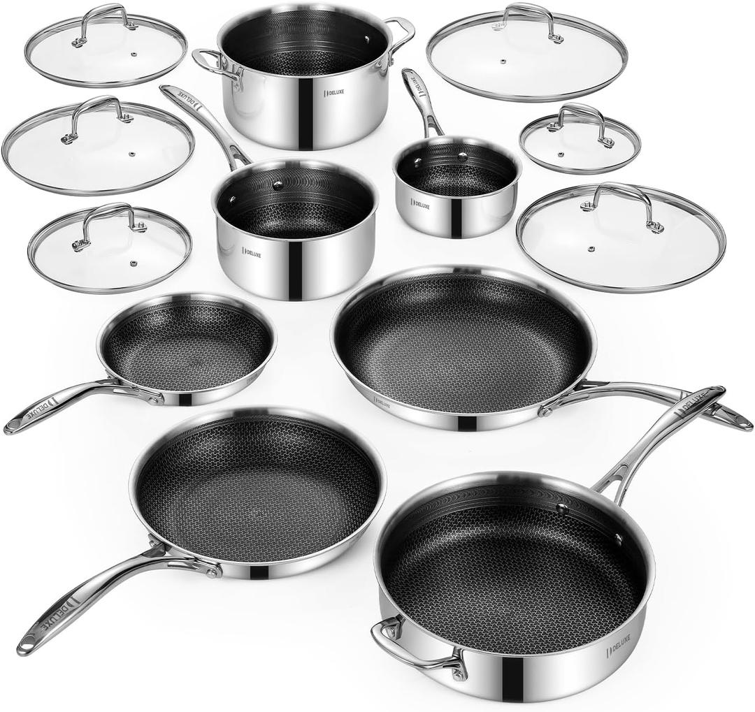 Deluxe 13 Piece Hybrid Ceramic Nonstick Stainless Steel Cookware Set-5 Piece Frying Pan Set, 6 PC Pot Set, 3.7QT Deep Saut Pan&Lid, Induction Ready, Stay Cool, PFOA Free Compatible with All Cooktops
