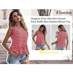 Floerns Women's Gingham Print Sleeveless Round Neck Ruffle Hem Peplum Blouse Top (Red and White) L