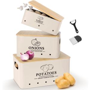 Dekosilave Kitchen Vegetable Storage Set of 3, Metal Onion Garlic Potato Storage Set, Kitchen Canisters Vegetable Keeper Containers with Aerating Holes and Wooden Lid (Beige)
