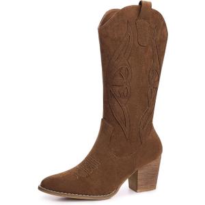 SHIBEVER Cowboy Boots for Women 2025: Mid Calf Cowgirl Boots Western Embroidered Country High Heel Pointed Toe Booties (6, 1828-brown)