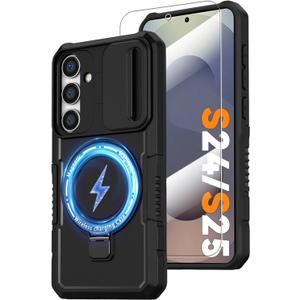 Magnetic Case for Samsung Galaxy S25/Galaxy S24, with Ring Stand [Glass Screen Protector] [Compatible with MagSafe] Military Grade Case with Camera Cover, Heavy Duty Shockproof Protective Cover, Black (S25/S24, Mag Black)