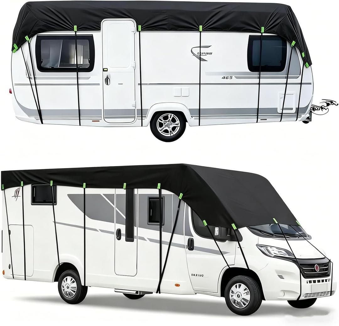 600D Heavy-Duty Wide Width RV Roof Cover — Featuring Reflective Strips,Camper roof Cover, Waterproof UV Resistant, Travel Trailers, Class C/B/A Motorhomes, Popup & Truck Campers,RVs, Black 9.5m*3.3m