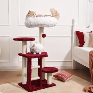 Cat Tree, 37.4-Inch Cat Tower with Plush Cozy Perch for Indoor Cats, Sturdy Tower with Fully Sisal-Wrapped Columns and Plush Toy Ball for Kitty Play, Red