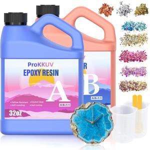 Epoxy Resin Kit, 64OZ Kit Crystal Clear Resin Epoxy, Bubble Free, No Yellowing, UV Resistant, Food Safe with Foil Flakes, Sequin, Easy Mix 1:1 for DIY Crafts Jewelry Making(32OZ x 2)