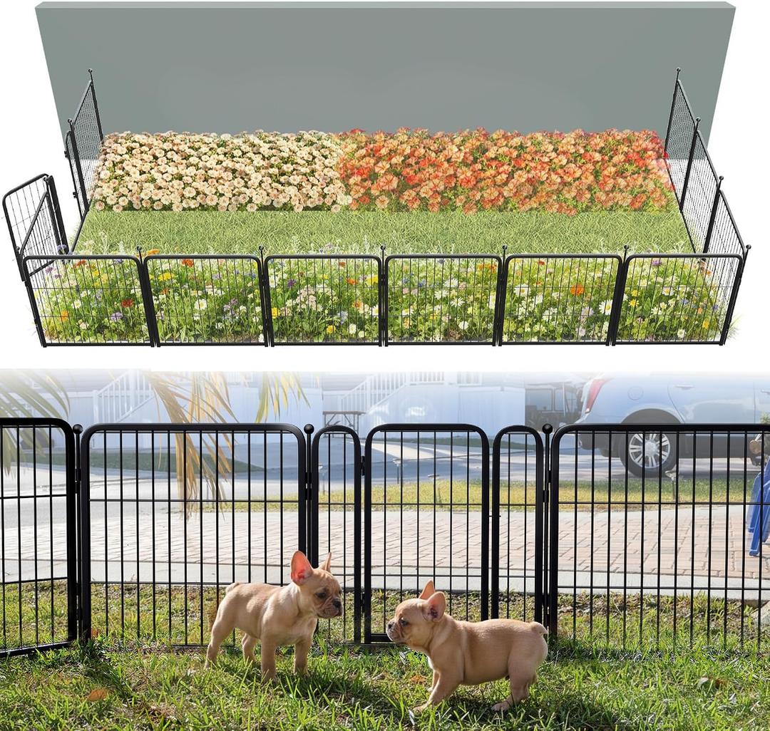 FXW Garden Fence Outdoor for the Yard 24in(H) x 22.8ft(L) Heavy Duty Metal Animal Barrier for Dog, No Dig Decorative Dog Fence, 12 Panels, Black