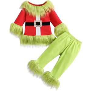 Toddler Baby Boys Girls Christmas Cosplay Monster Costume Outfits Green Furry Santa Long Sleeve Tops and Pants Set (18-24 Months)