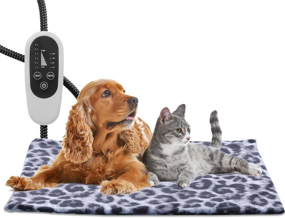 Tikaton MET Certified Pet Heating Pad, 2025 New Upgrade Heated Cat Bed Indoor with Auto Shut Off Timer, 6 Temperature Adjustable Pet Heating Pads (M: 28" x 16", Black/Leopard)