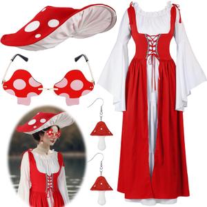 Zoooyawn Renaissance Mushroom Medieval Costume with Hat Sunglasses Dangle Earrings Women Victorian Fairy Dress Cosplay (2XL-3XL)