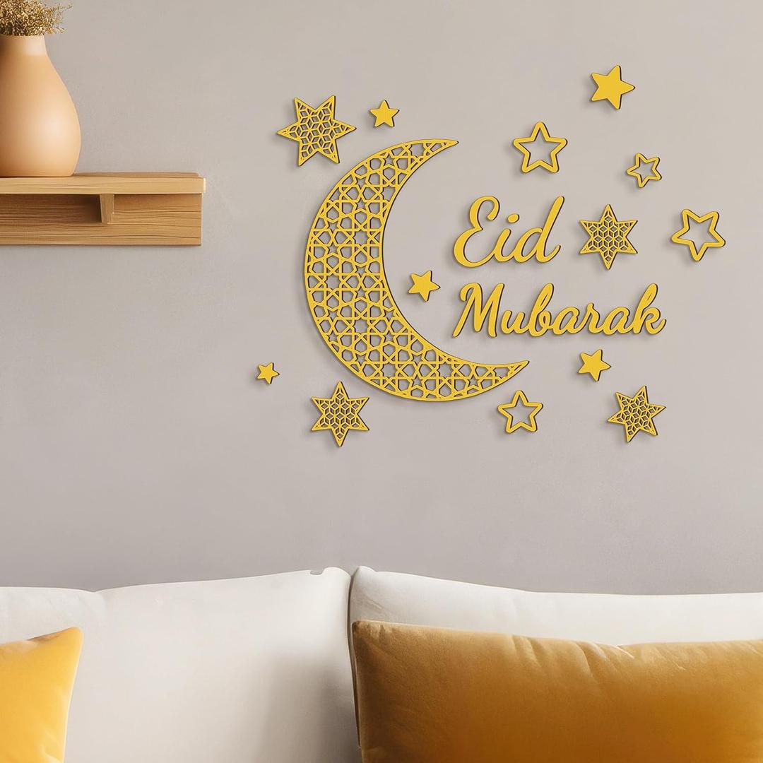 DoubleFill 16 Pcs Eid Ramadan Decoration Wooden Moon Star Wall Decor Ramadan Mubarak Party Wall Art Decoration for Islamic Muslim Home Living Room Bedroom Party Decor(Gold)